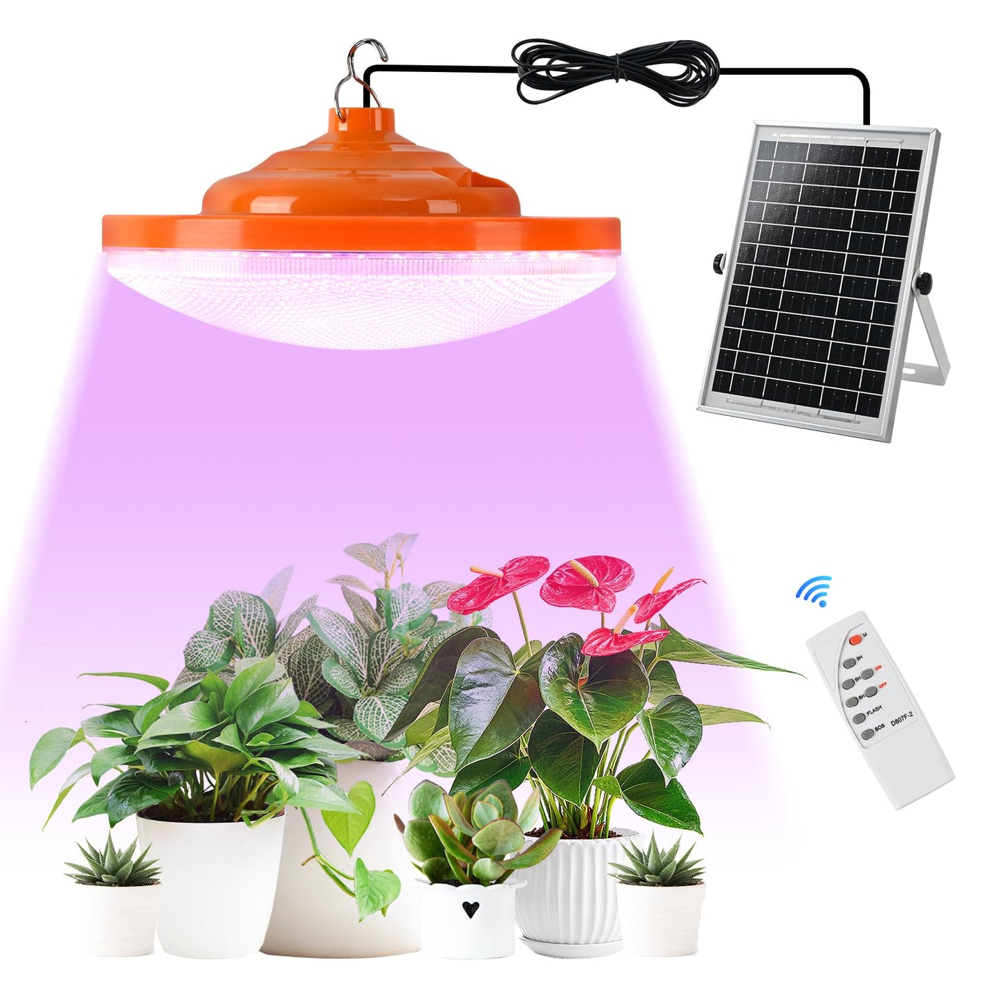 ladate Solar Plant Grow Light Battery Powered, 96 LED Full Spectrum Hanging Grow Lights for Indoor Plants with Timer, Solar Pendant Growing Lamp for Greenhouse with Remote Control(14.7FT Cord)
