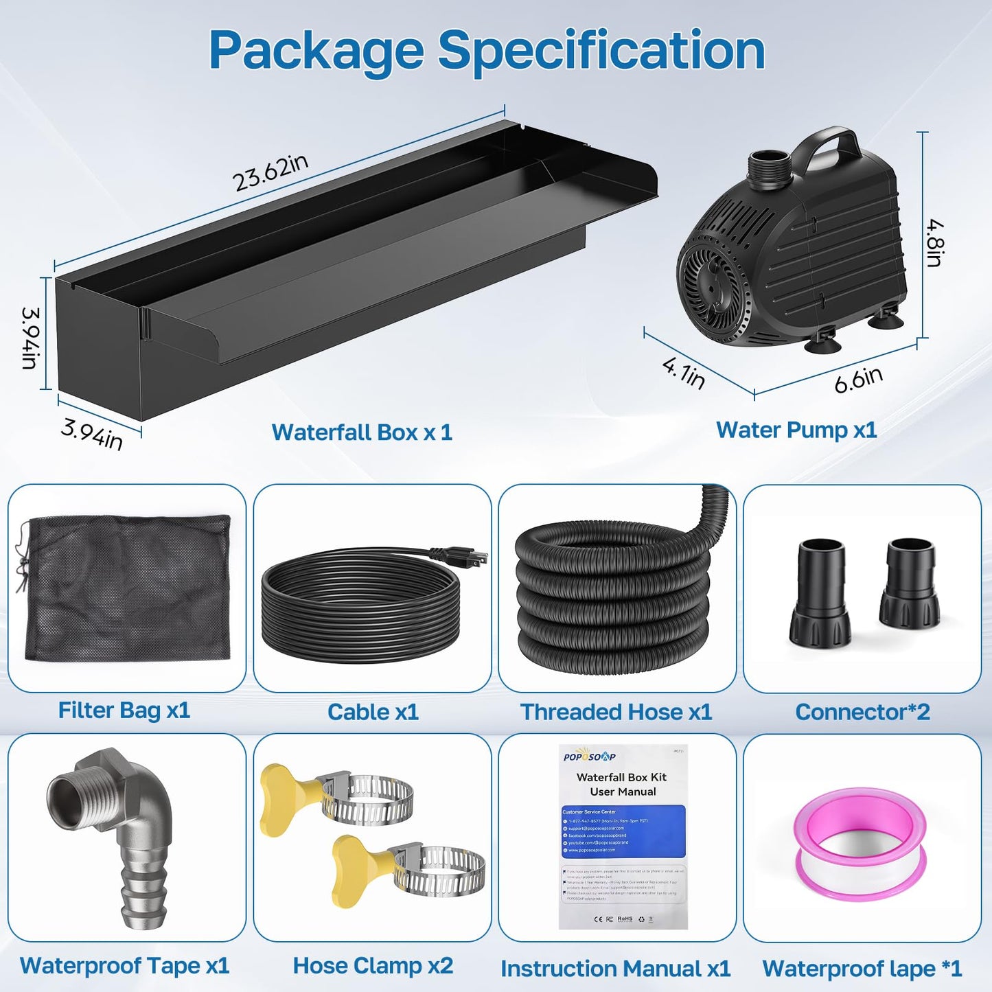 24" Stainless Steel Pond Waterfall Kit with 1200GPH Pump