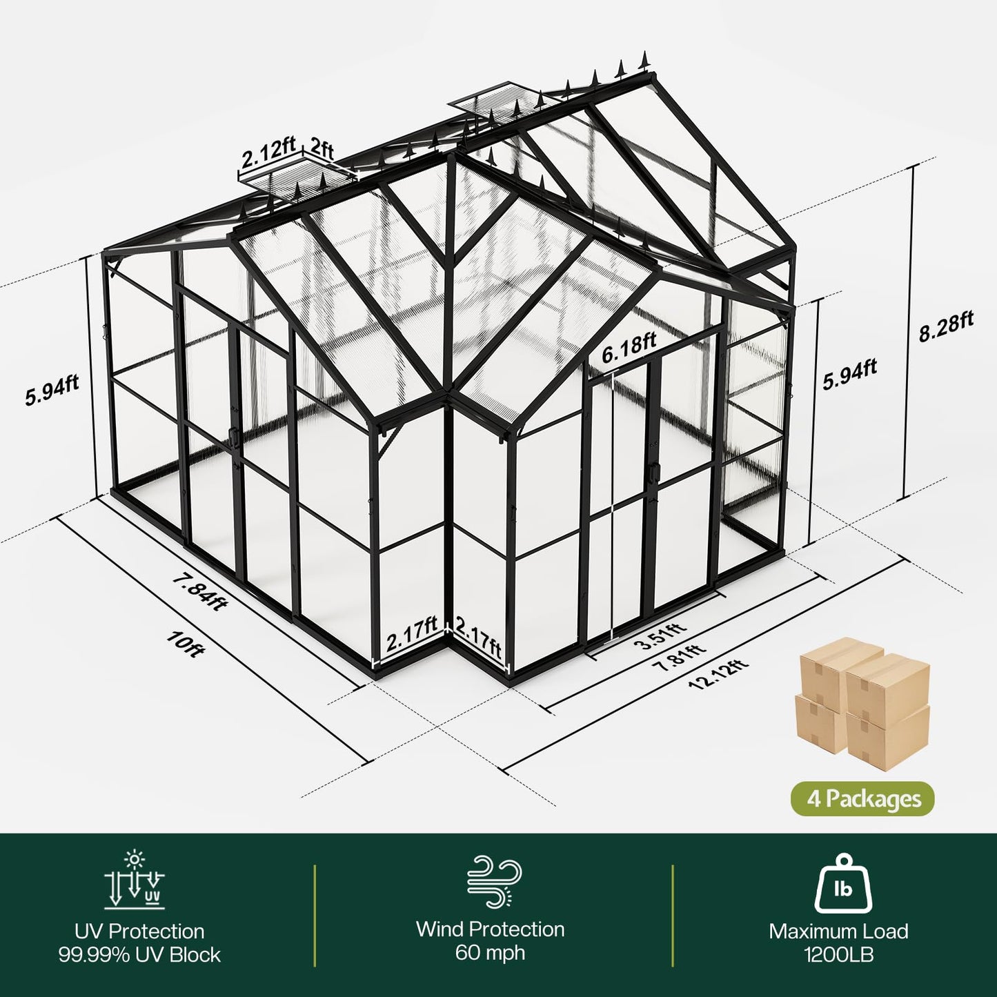 Jocisland 12x10x8 FT Chalet-Style Greenhouse