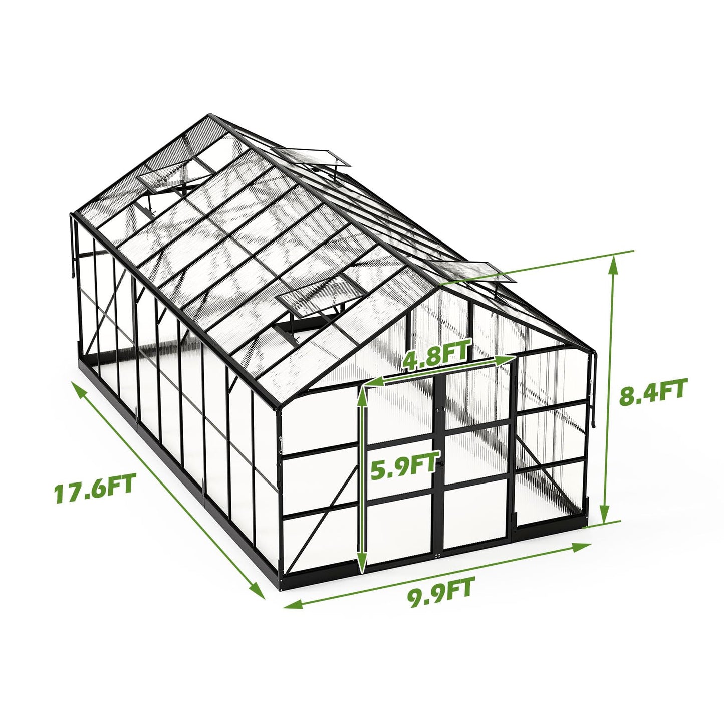 AMERLIFE Polycarbonate Greenhouse with 4 Roof Vents & Rain Gutter
