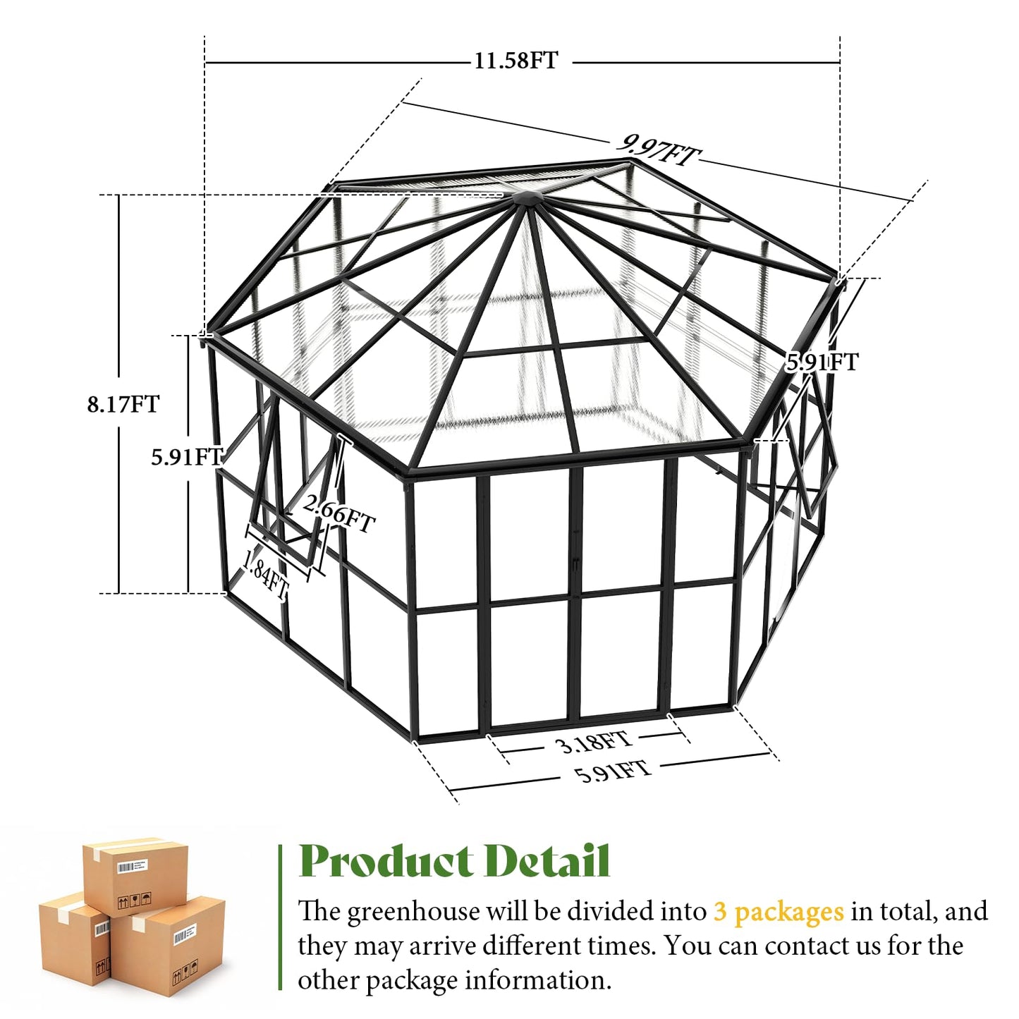 AMERLIFE 12x10x8 FT Hexagonal Hybrid Greenhouse