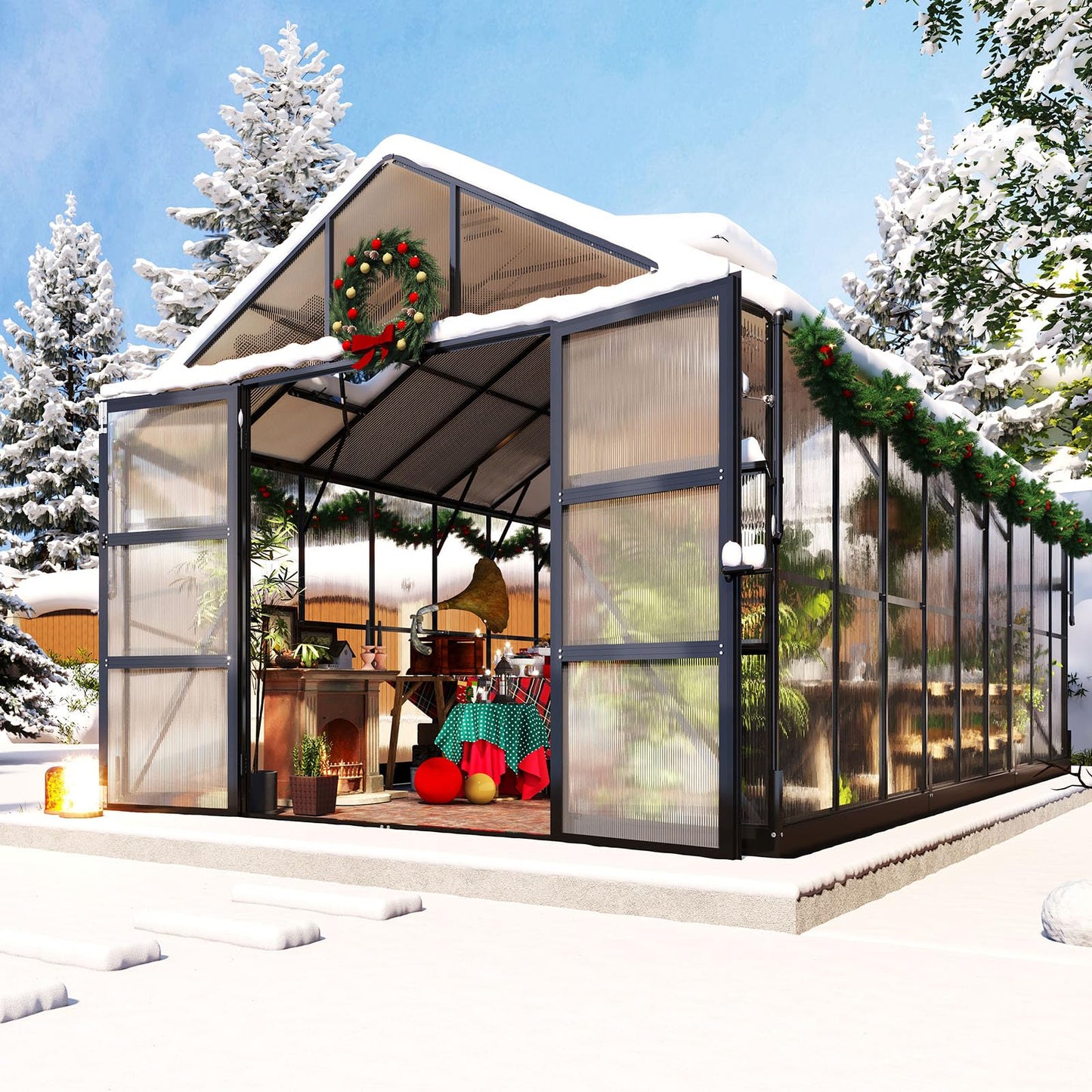 AMERLIFE Polycarbonate Greenhouse with 4 Roof Vents & Rain Gutter