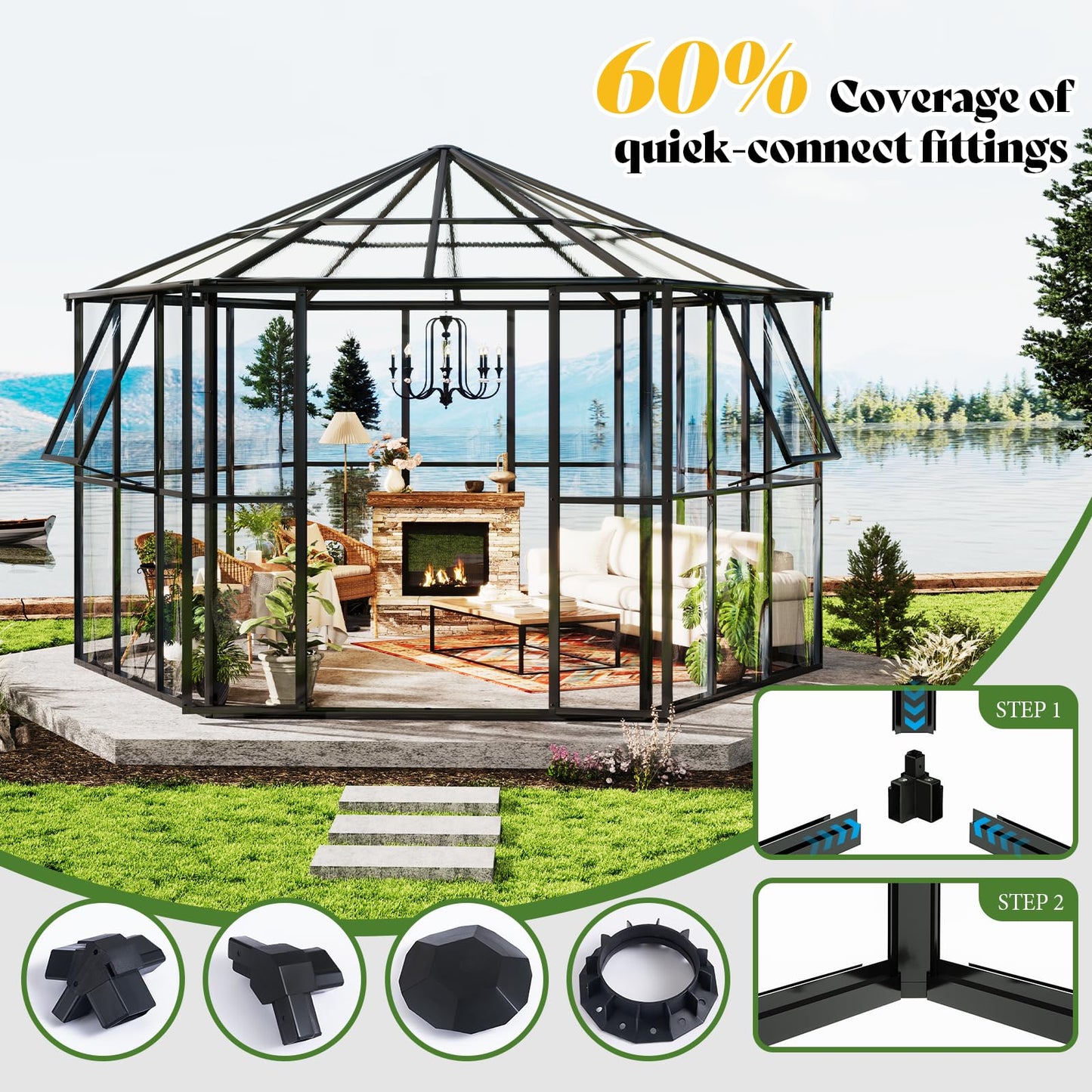 AMERLIFE 12x10x8 FT Hexagonal Hybrid Greenhouse