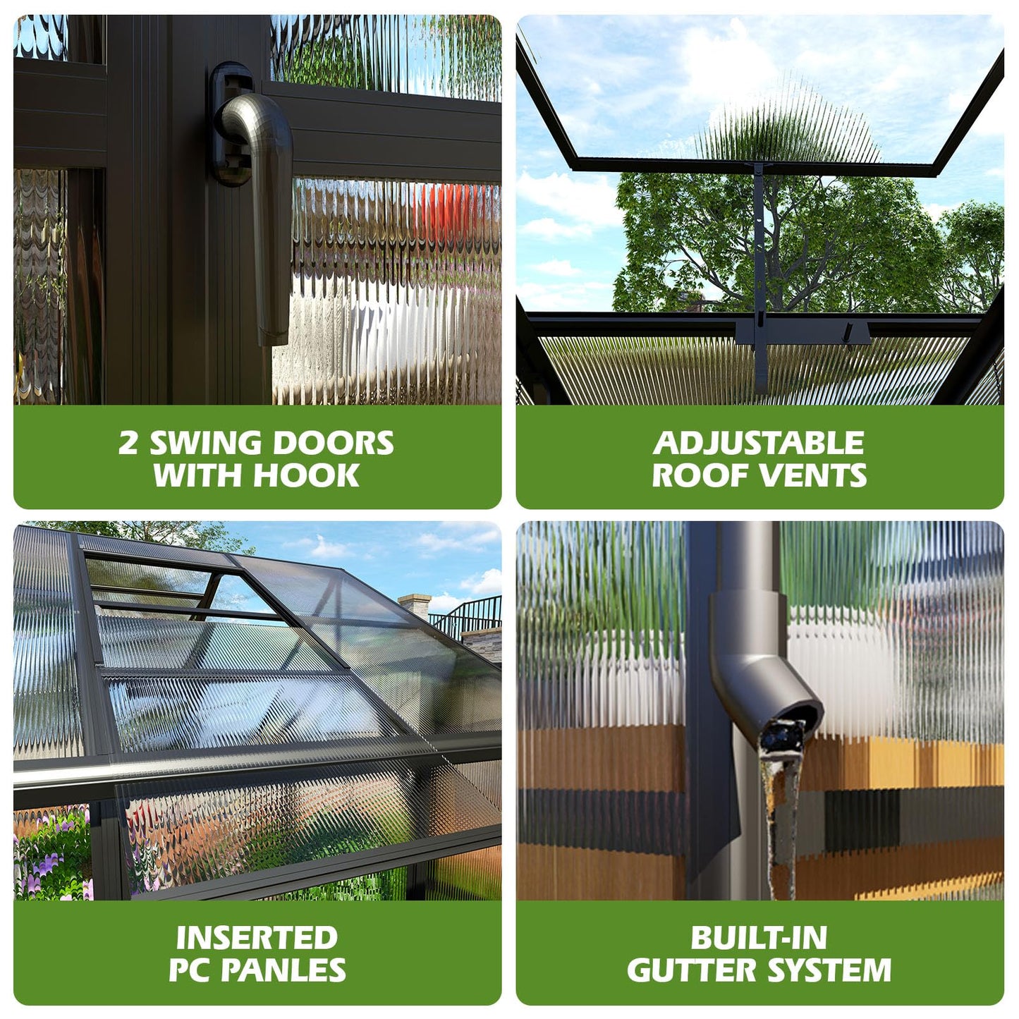 AMERLIFE Polycarbonate Greenhouse with 4 Roof Vents & Rain Gutter