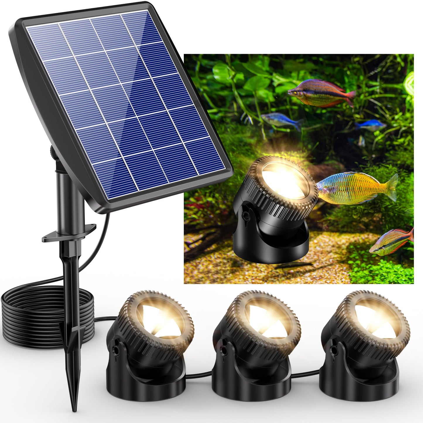 Solar Pond Lights, 3-in-1 IP68 Waterproof, Warm White LED