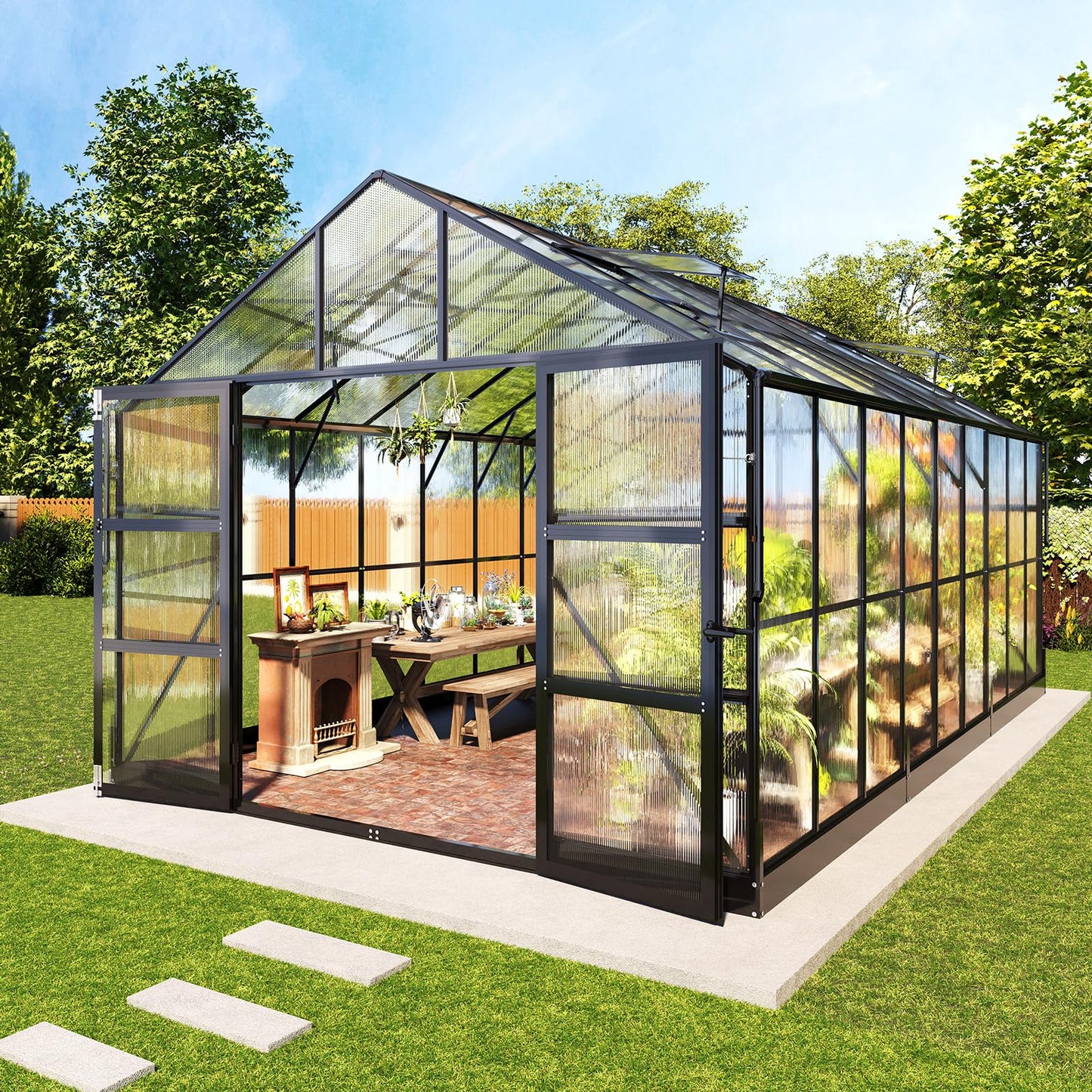 AMERLIFE Polycarbonate Greenhouse with 4 Roof Vents & Rain Gutter