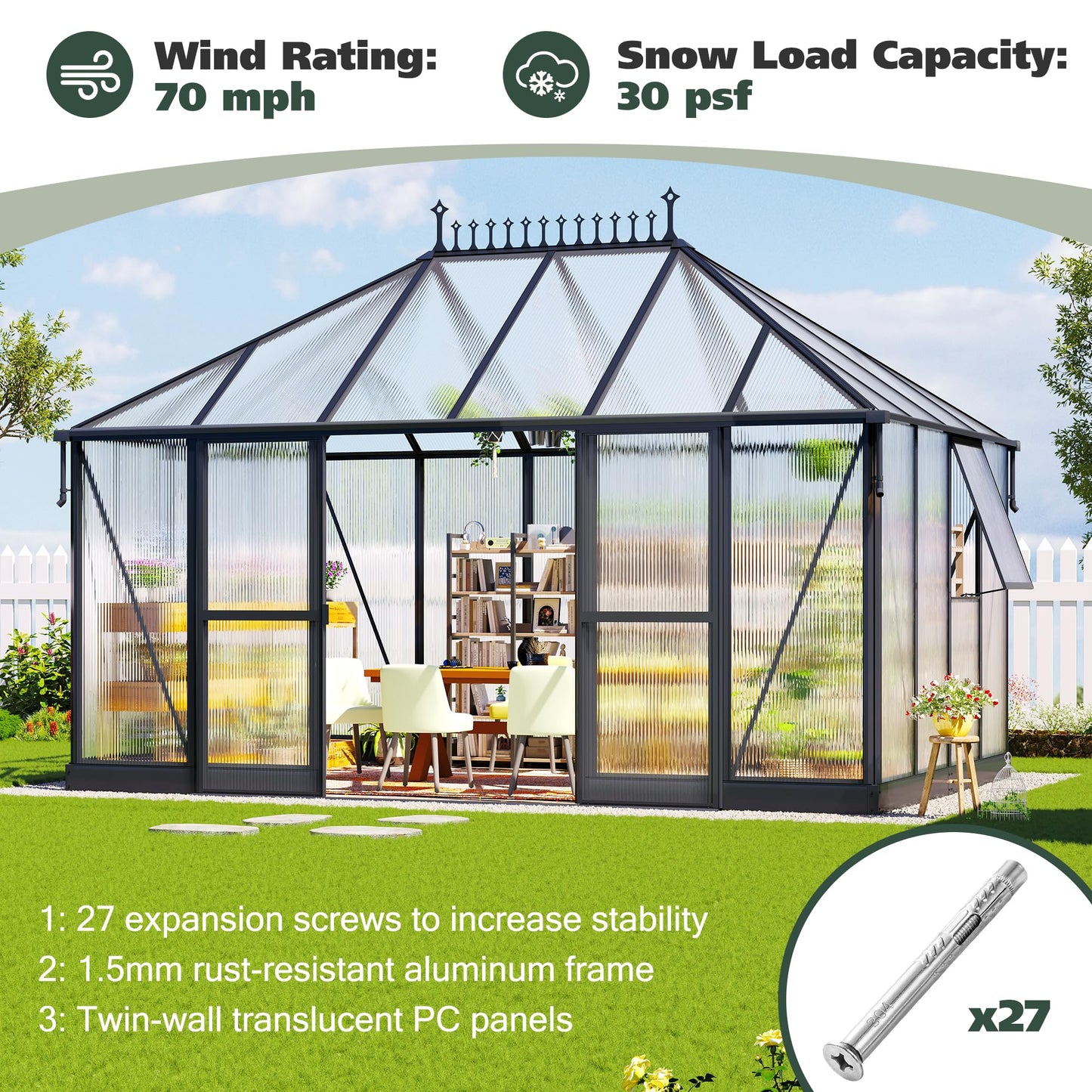 Gohonei 14x9.7x10 FT Polycarbonate Greenhouse