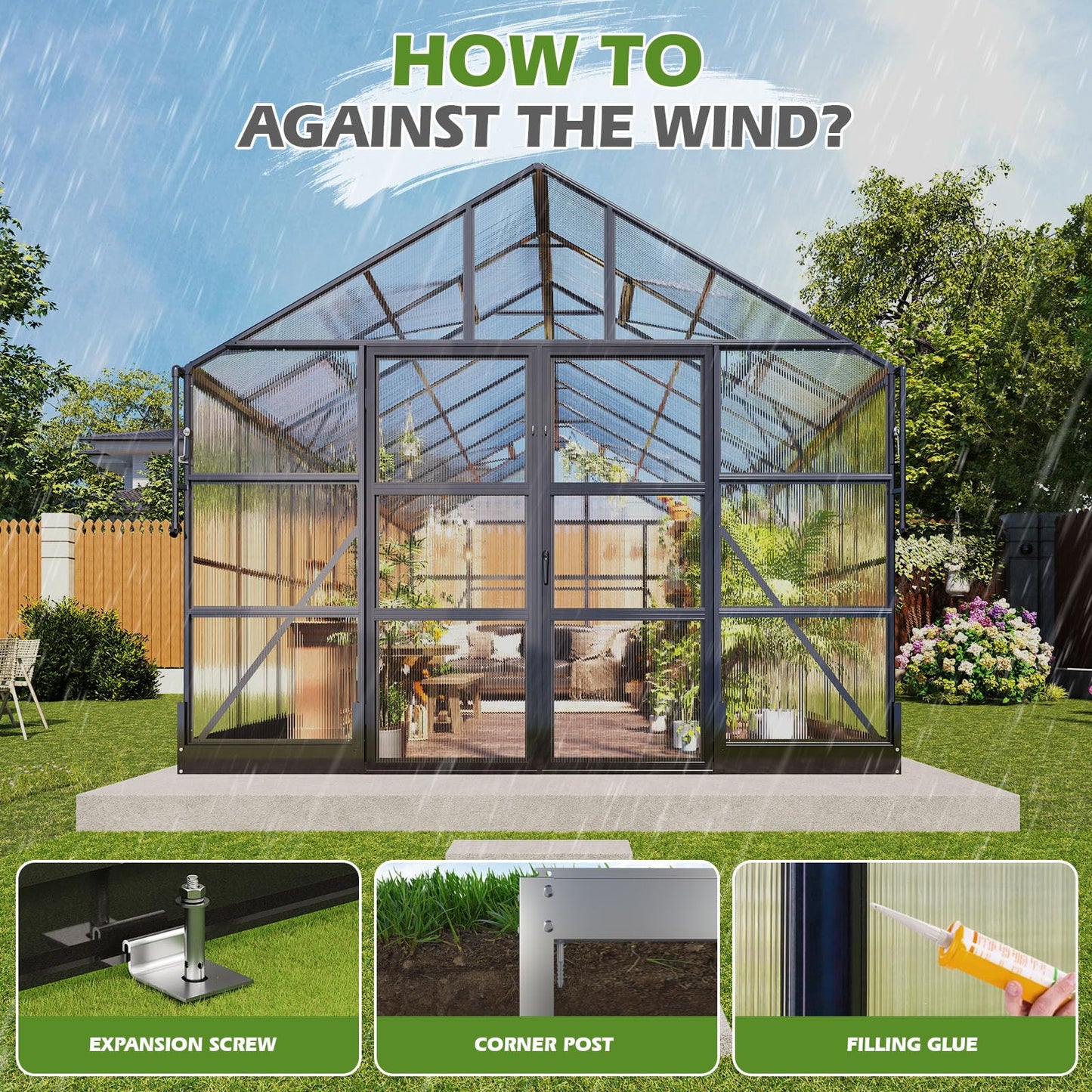 AMERLIFE Polycarbonate Greenhouse with 4 Roof Vents & Rain Gutter