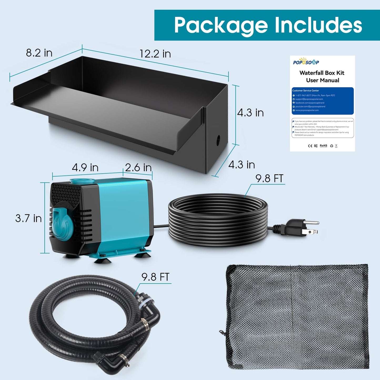 12" Stainless Steel Pond Waterfall Kit with 660GPH Pump