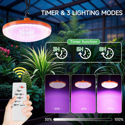 ladate Solar Plant Grow Light Battery Powered, 96 LED Full Spectrum Hanging Grow Lights for Indoor Plants with Timer, Solar Pendant Growing Lamp for Greenhouse with Remote Control(14.7FT Cord)