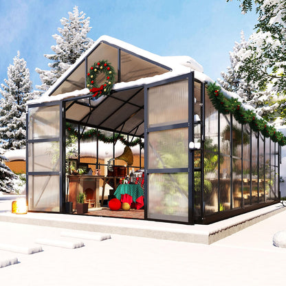 AMERLIFE Polycarbonate Greenhouse with 4 Roof Vents & Rain Gutter