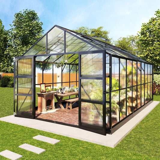 AMERLIFE Polycarbonate Greenhouse with 4 Roof Vents & Rain Gutter