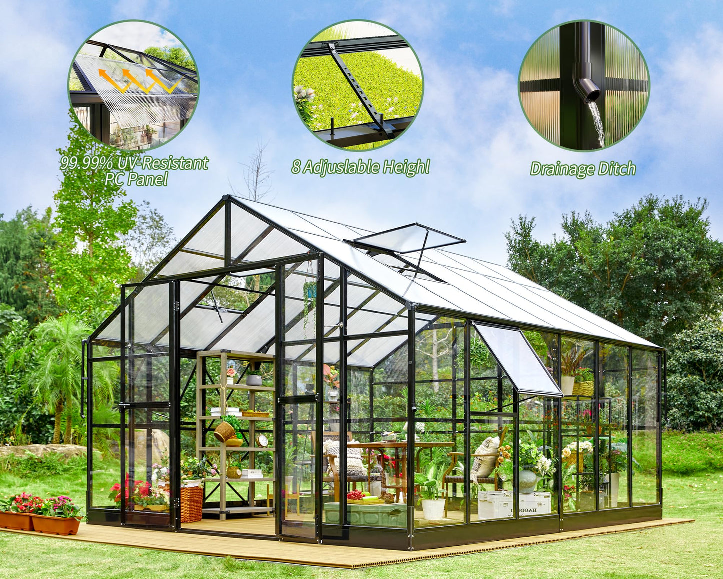 Jocisland Polycarbonate Greenhouse with 4 Vents