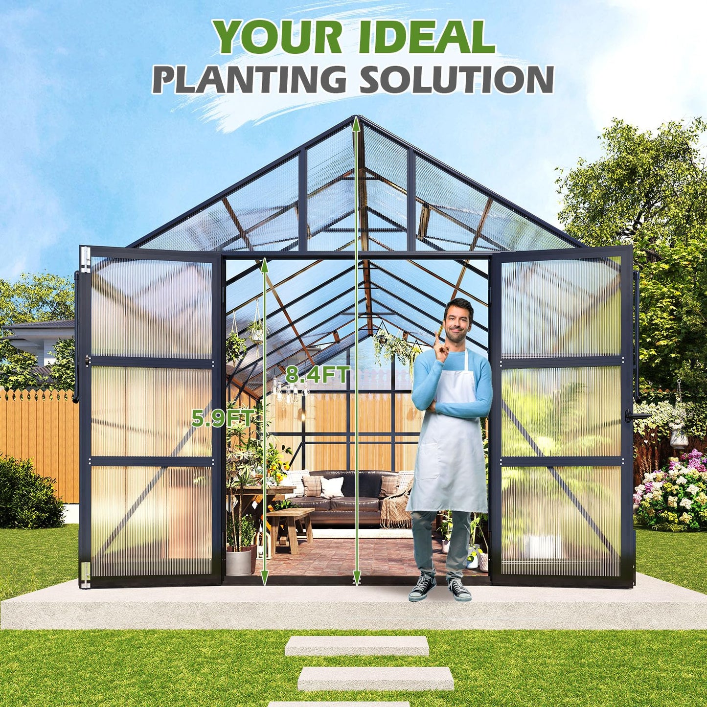 AMERLIFE Polycarbonate Greenhouse with 4 Roof Vents & Rain Gutter