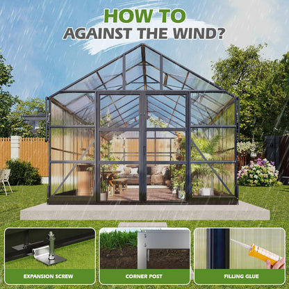 AMERLIFE Polycarbonate Greenhouse with 4 Roof Vents & Rain Gutter
